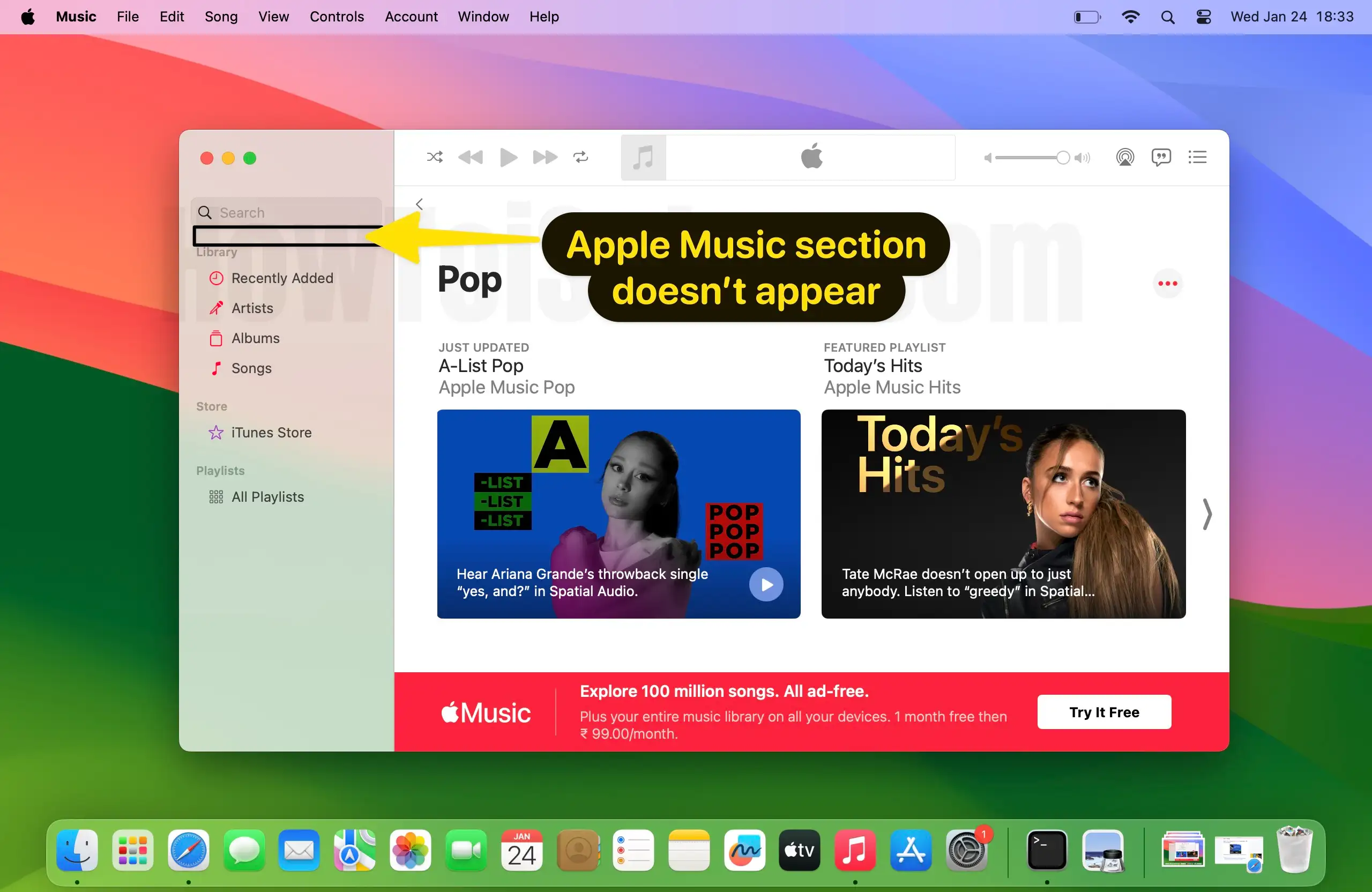 Apple music section doesn’t appear in apple music app on mac