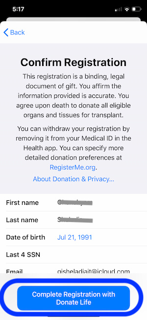 Donate Life Registration on iPhone