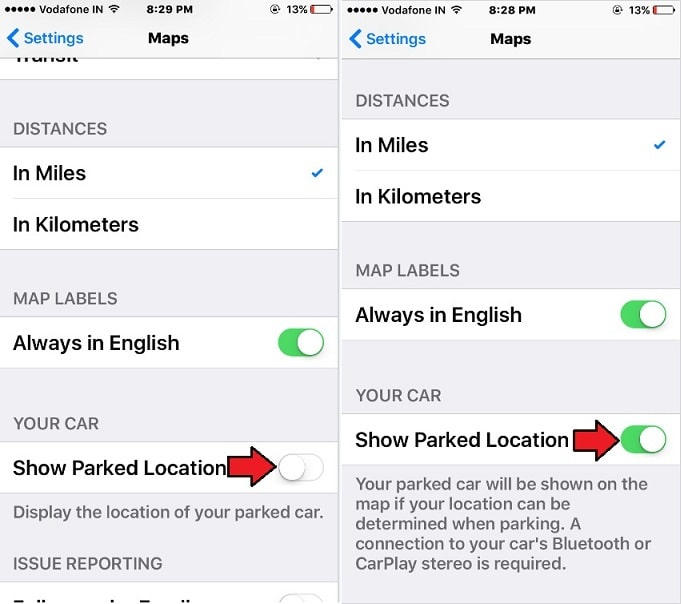 Find Parked Car in car parking in iOS 10 on iPhone