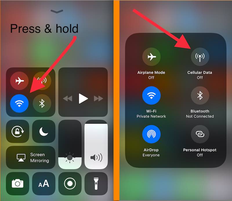 1 Use Cellular Data shortcut in control center on iOS 11 iPhone and iPad