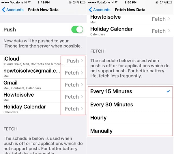Change iPhone mail app fetch Time for all added account
