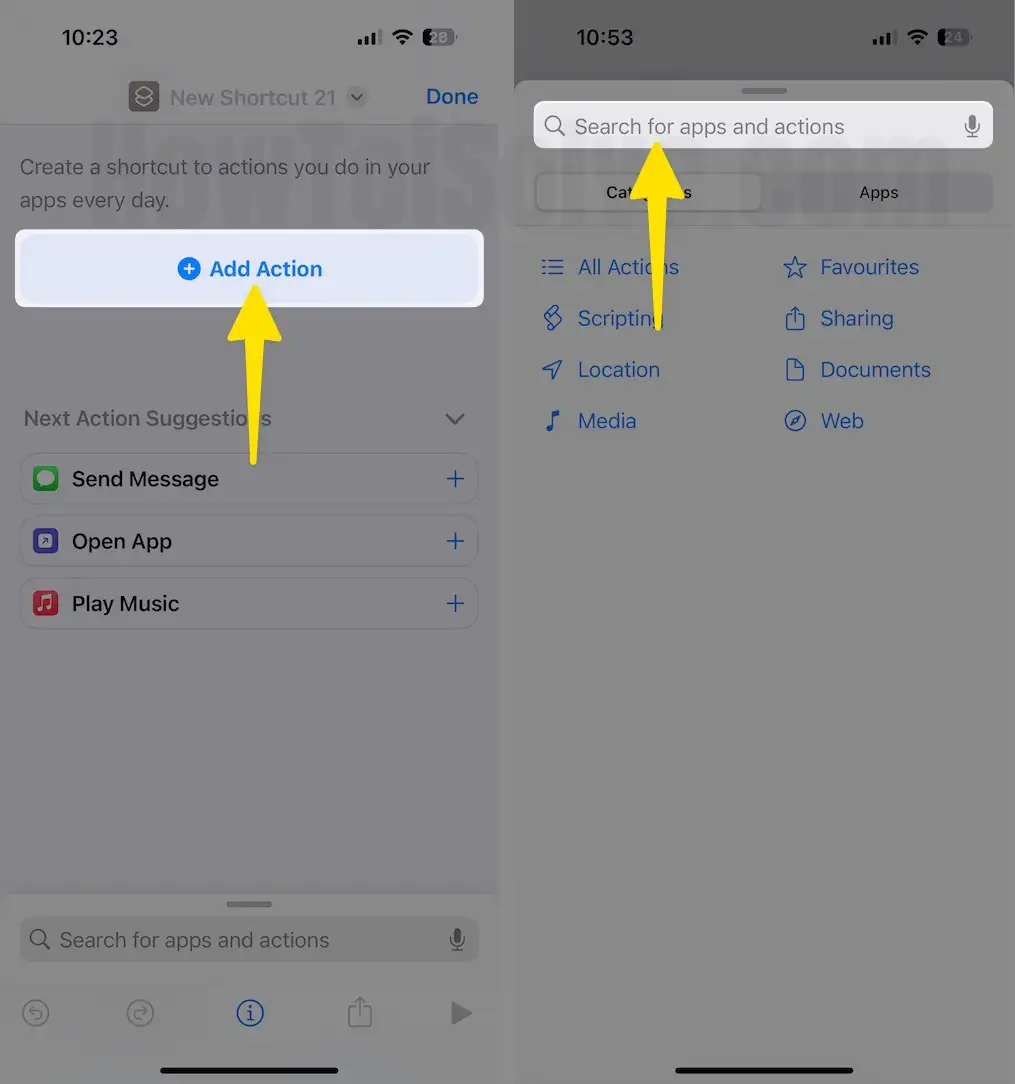 Click on Add Action Tap on Search bar to Search the App on iPhone