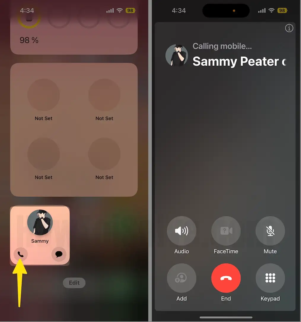 Tap on Call to Start Calling From Contact Widget on iPhone