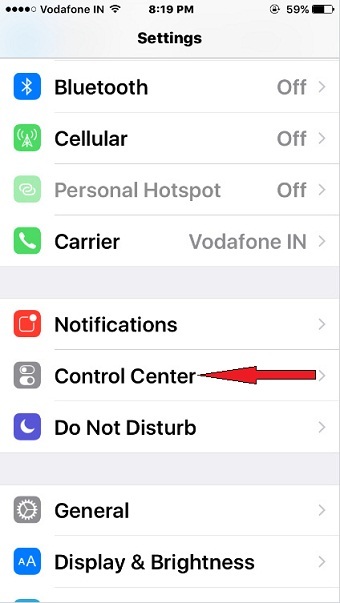 Control Center screen iOS 10