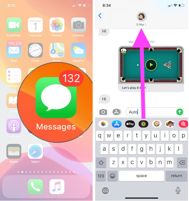 Open Messages and Conversation profile info on iPhone