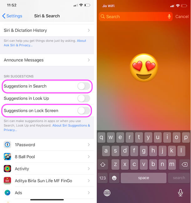 Recent apps removed from iPhone lock screen spotlight search