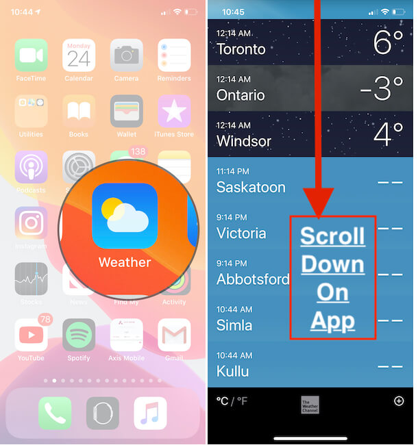 Scroll down on iPhone Weather App