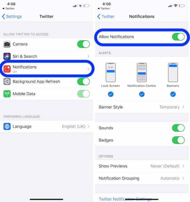 enable twitter notification from iPhone settings app