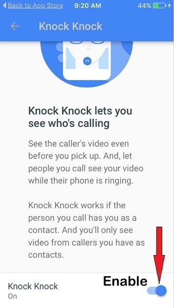 Turn Knock Knock ON google duo iOS app