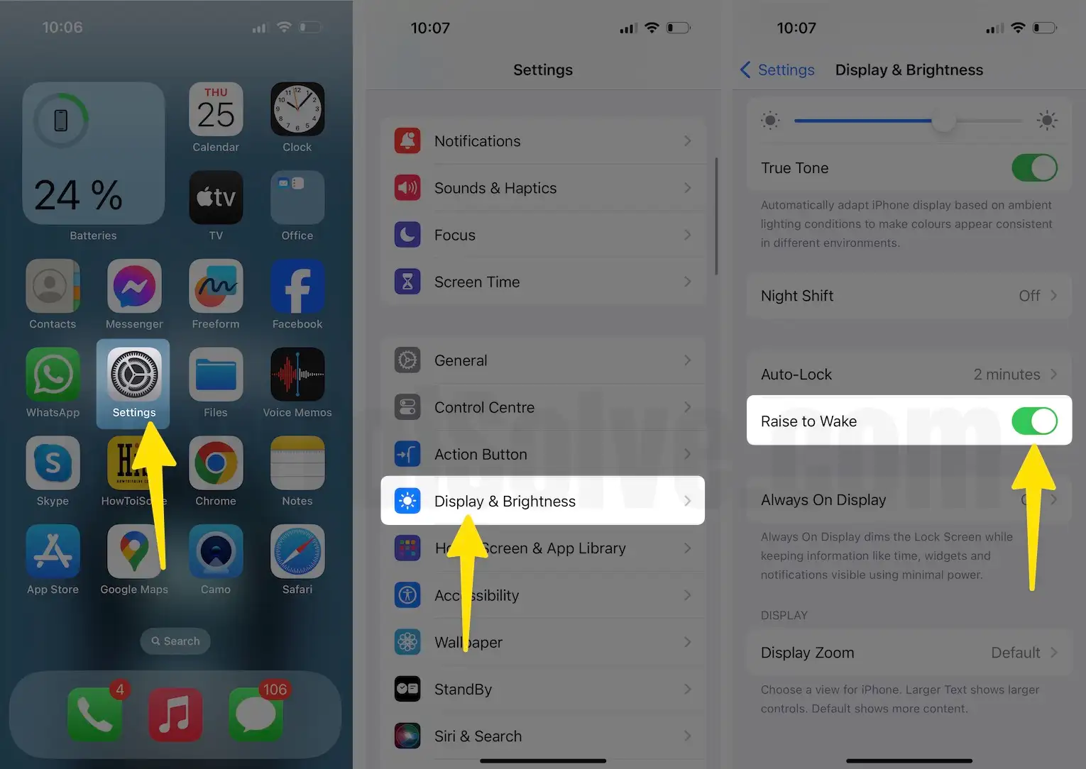 Open setting app tap display & brightness turn on raise to wake on iPhone