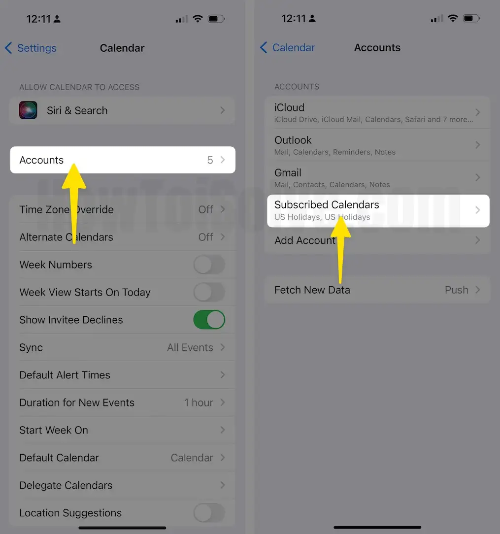Choose Accounts Click Subscribed Calender On iPhone