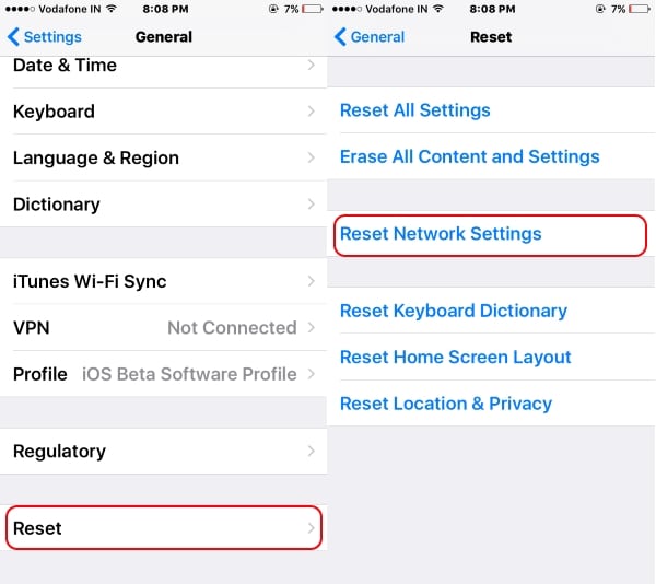 5 Reset All network Settings on iPhone 7 Plus or iPhone 7