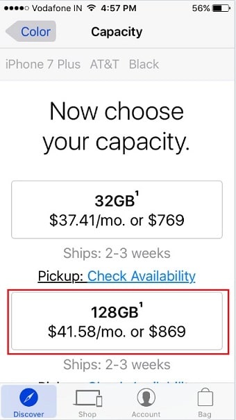 Storage capacity screen Apple Store app iPhone 7/7 PLus