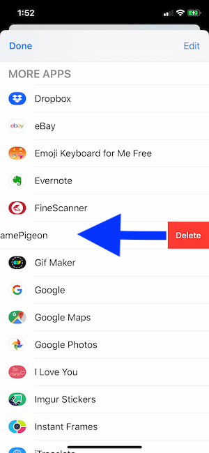 Удалить приложение или игру из ящика приложений iMessage на iPhone