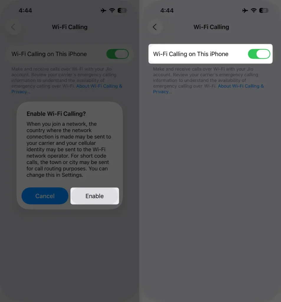 Enable Wi-Fi Calling? click on enable to confirm setting page wifi calling on this iphone