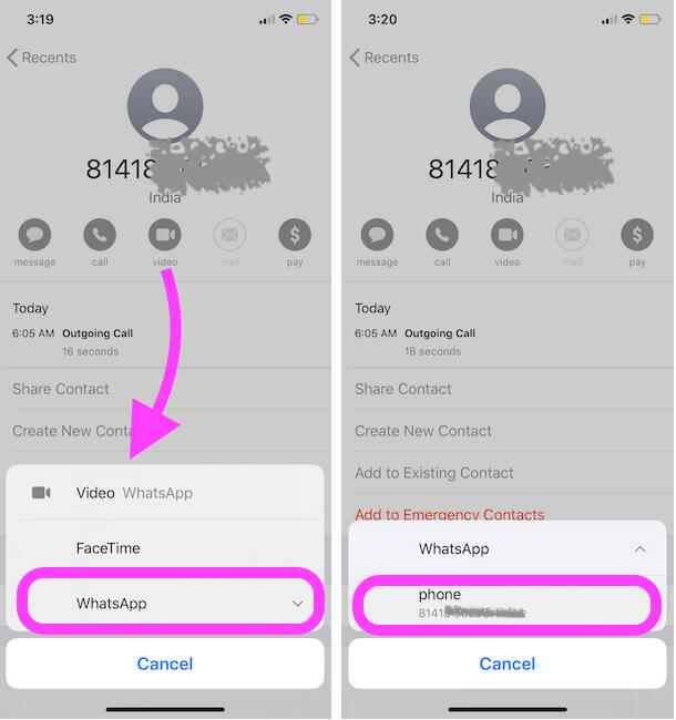 Make WhatsApp Video call on unknown number from iPhone