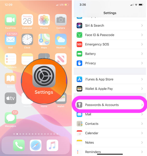 Passwords and Accounts settings on iPhone