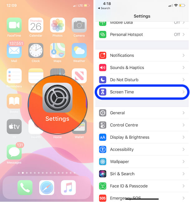 Screen time settings on iPhone