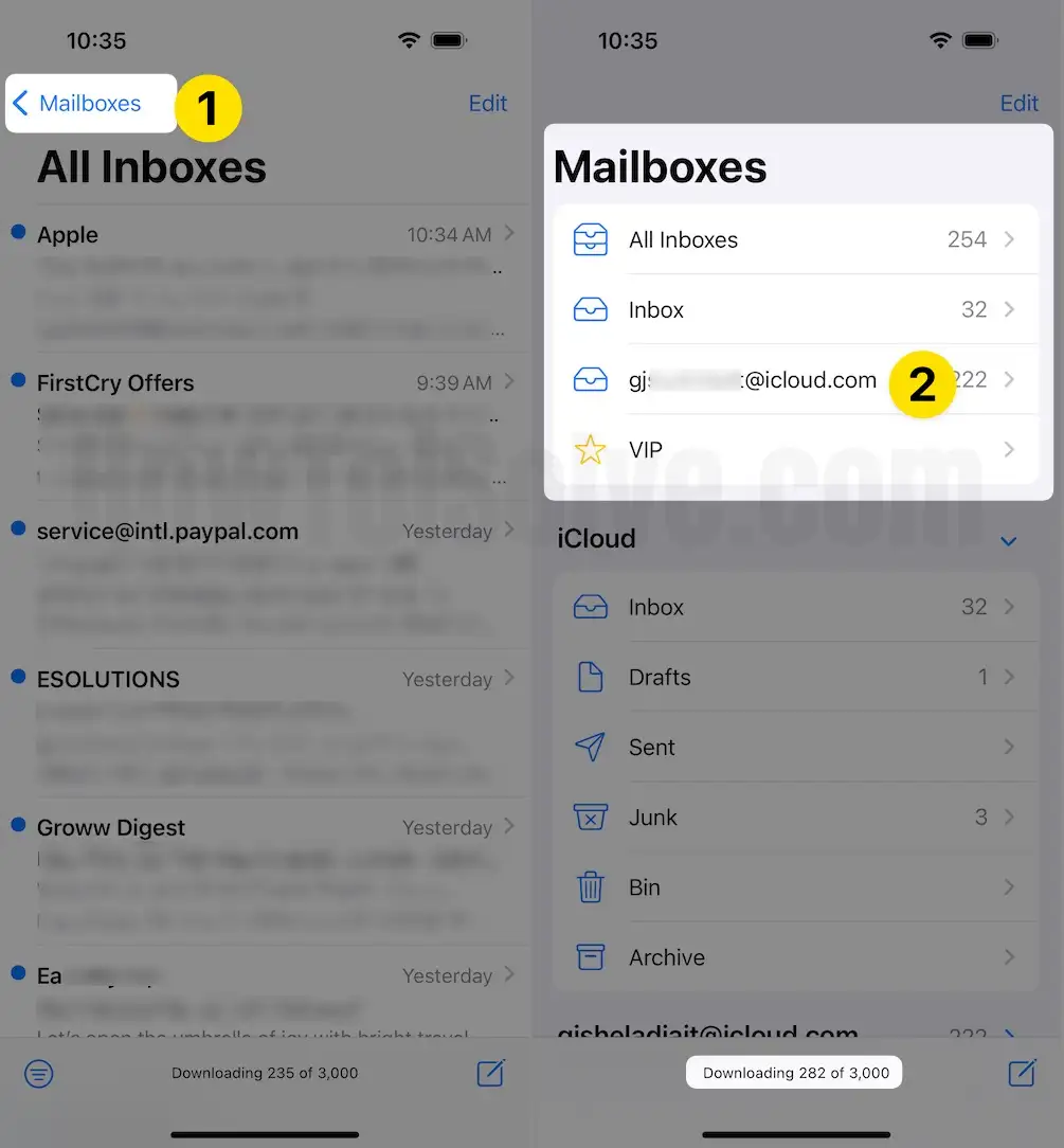 Select Mail Inbox in Mail app on iphone