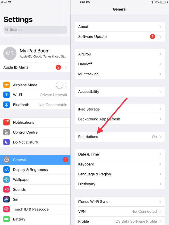 Tap General and tap Restrictions on iPad Air iPad Pro iPad Mini