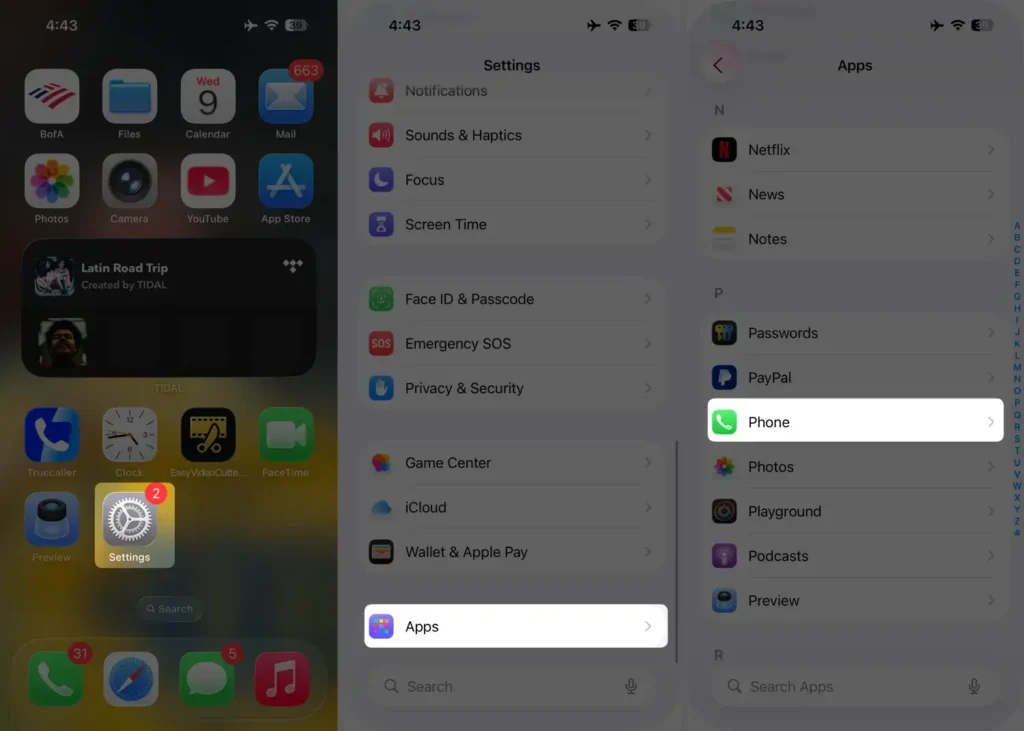 how to open phone apps settings on iPhone