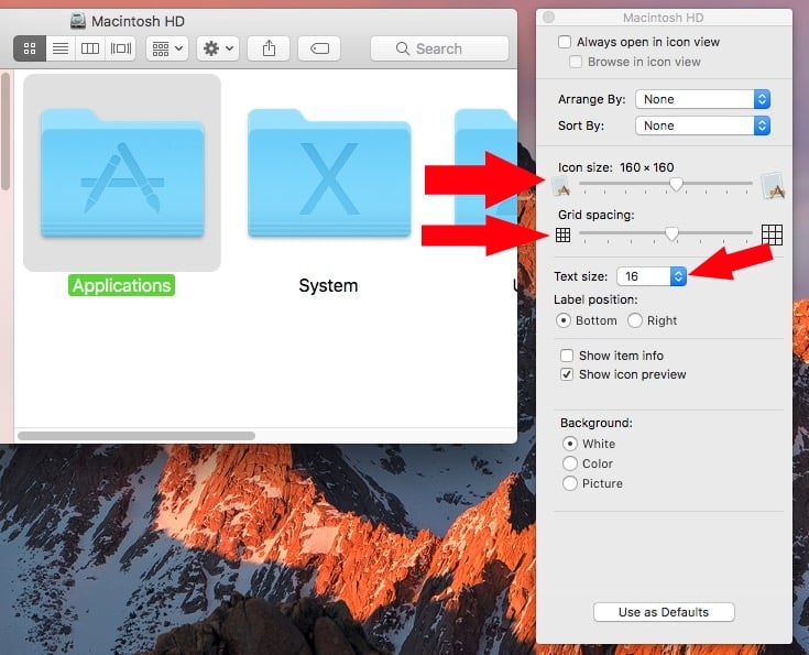 Change Folder or Image Size on Finder grid view from Mac