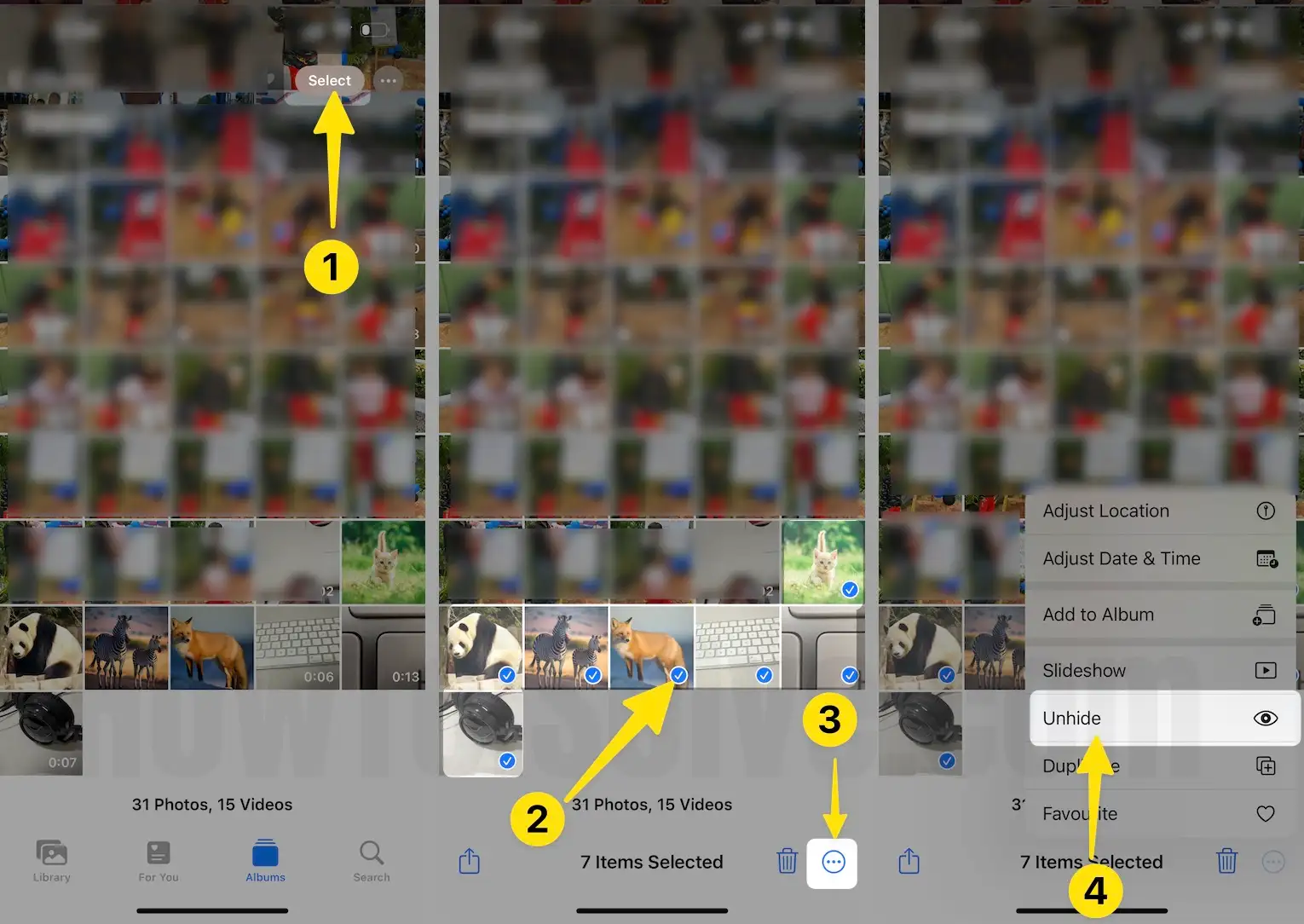 Tap on select photos & video tap three icon select unhide on iPhone