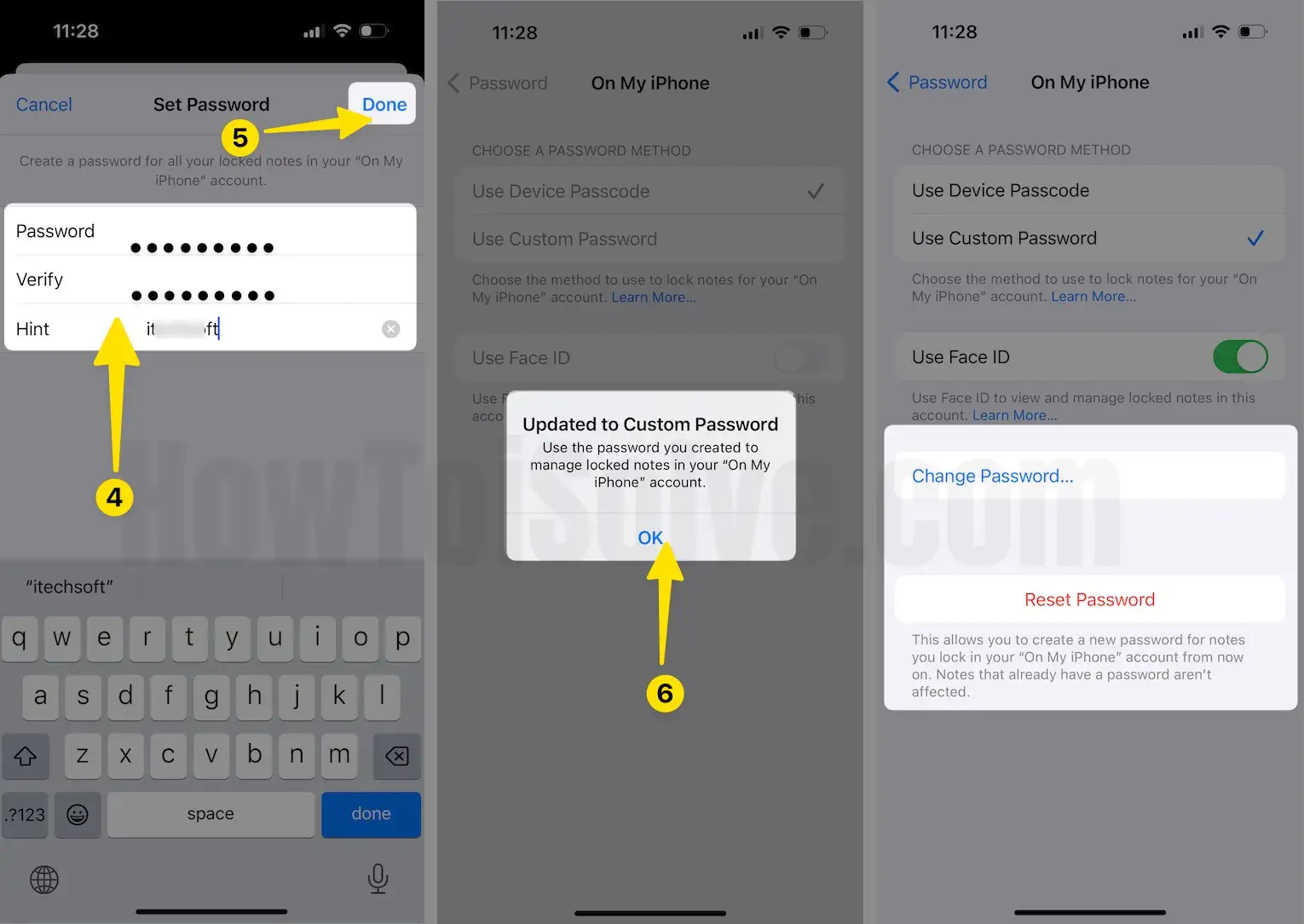 Click password ,verify , hint next tap on done then select ok button on iPhone