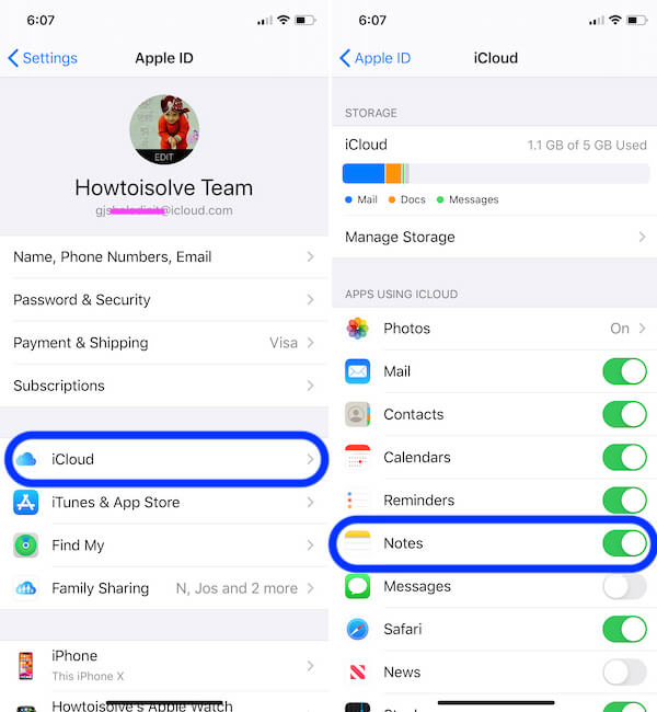 Enable Note Backup in icloud on iPhone