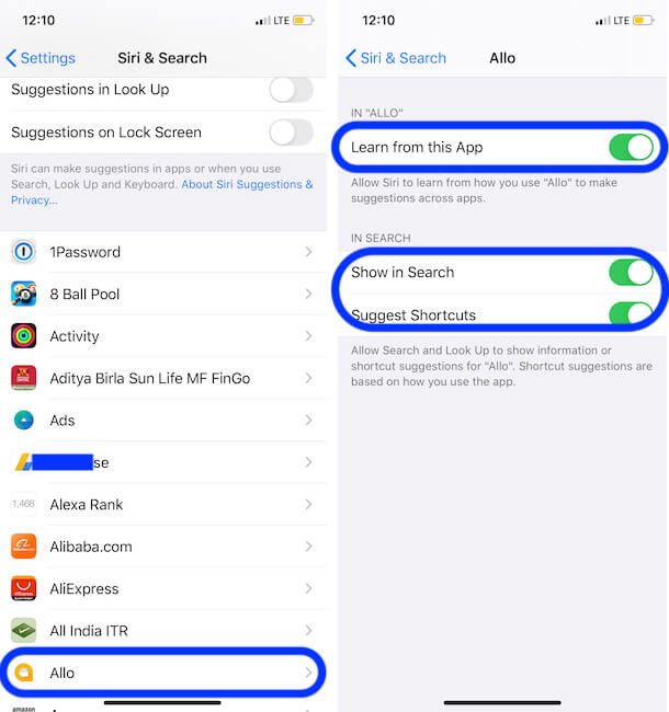Enable and Disable from use Siri from iPhone settings for apps
