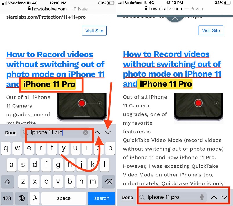 Find a text in webpage in safari on iPhone iOS 13