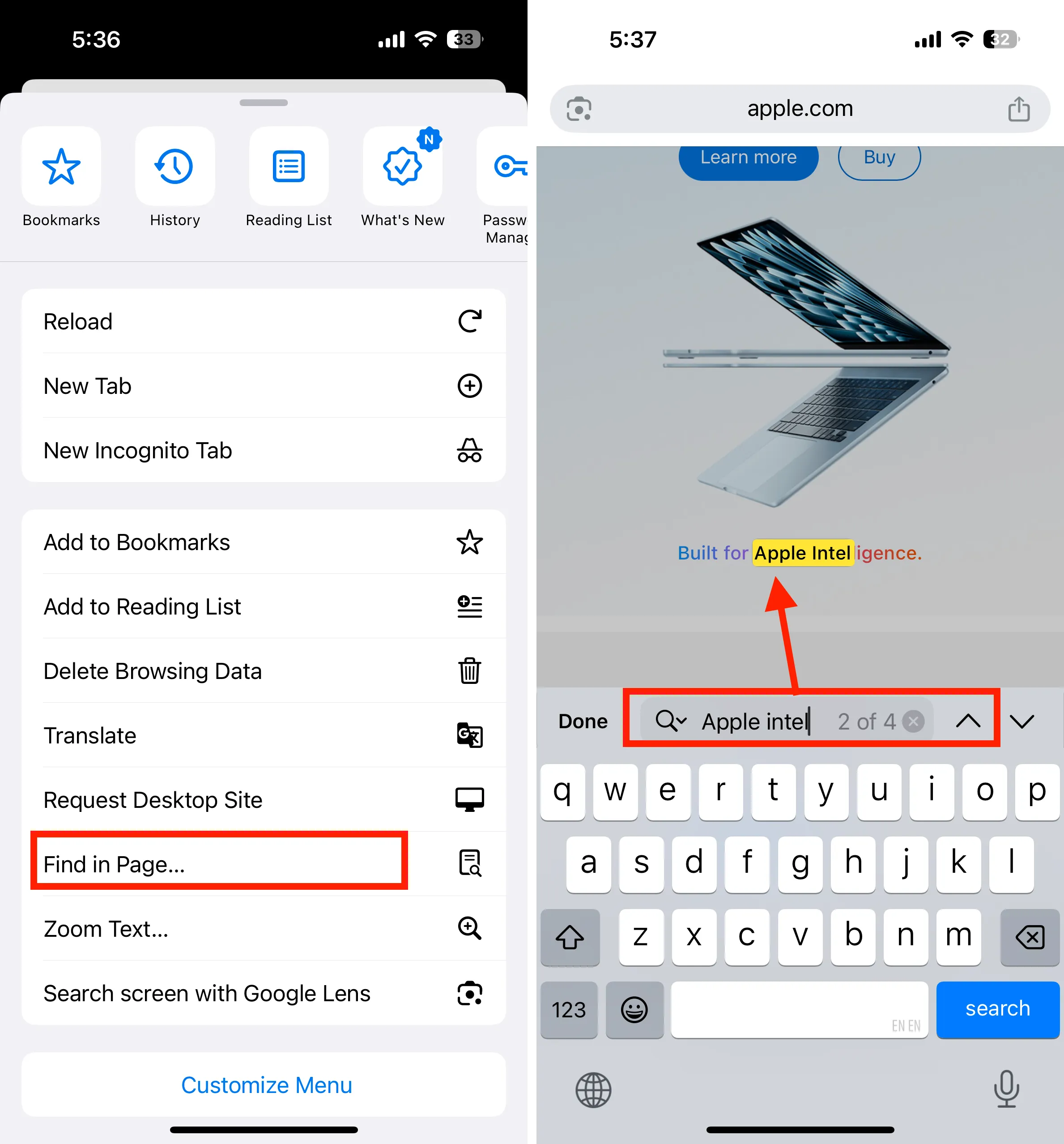 Find in Page... setting in chrome browser on iPhone