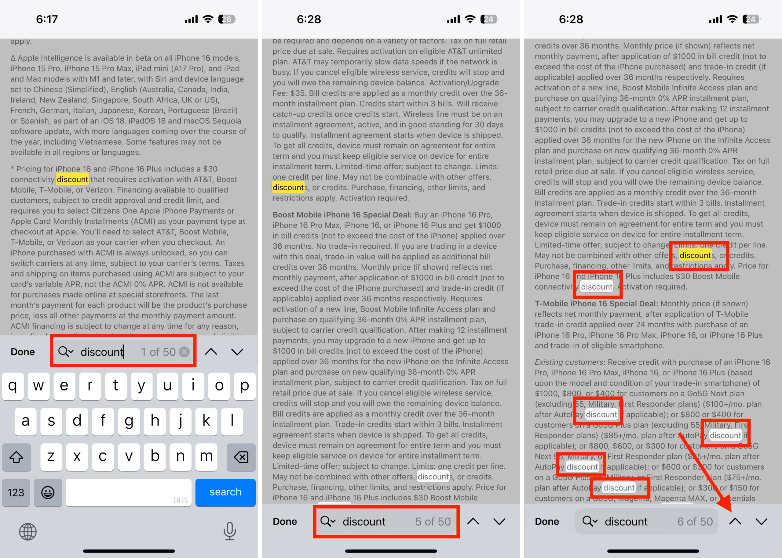 example of find word or any text in safari webpage on iPhone