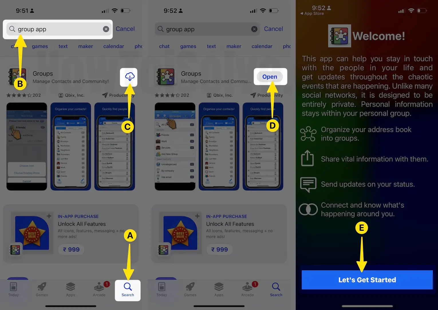 Open app store tap search group app then download click open group app select let's get started on iphone