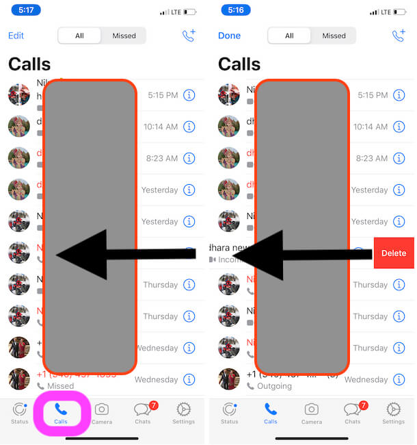 Delete a call from WhatsApp Call History on iphone