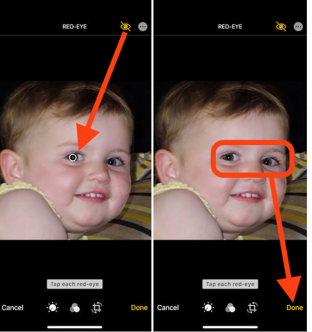 Remove Red Spot one by one and Tap on Done to save on Photos a