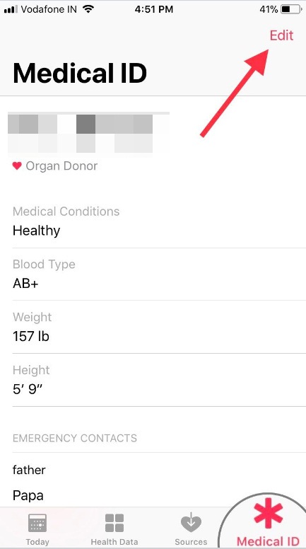 Tap on Medical ID then tap on Edit appear on right-upper side of the screen on iPhone