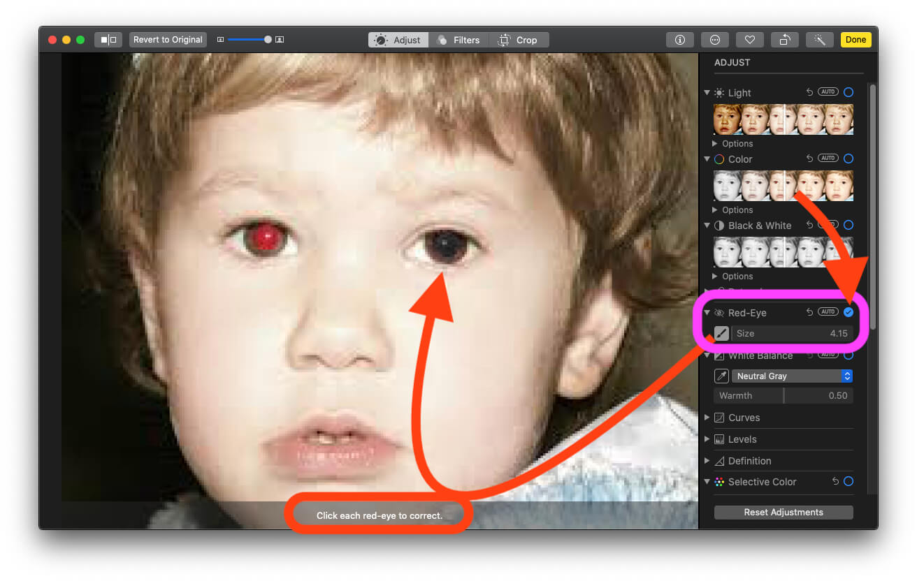 Use Red Eye Fix tools automatically or Manually action