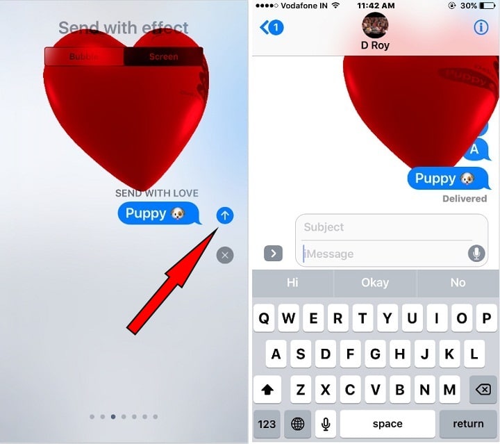 how do i send romantic love, dil heart with text imessage on iPhone iOS 10.2