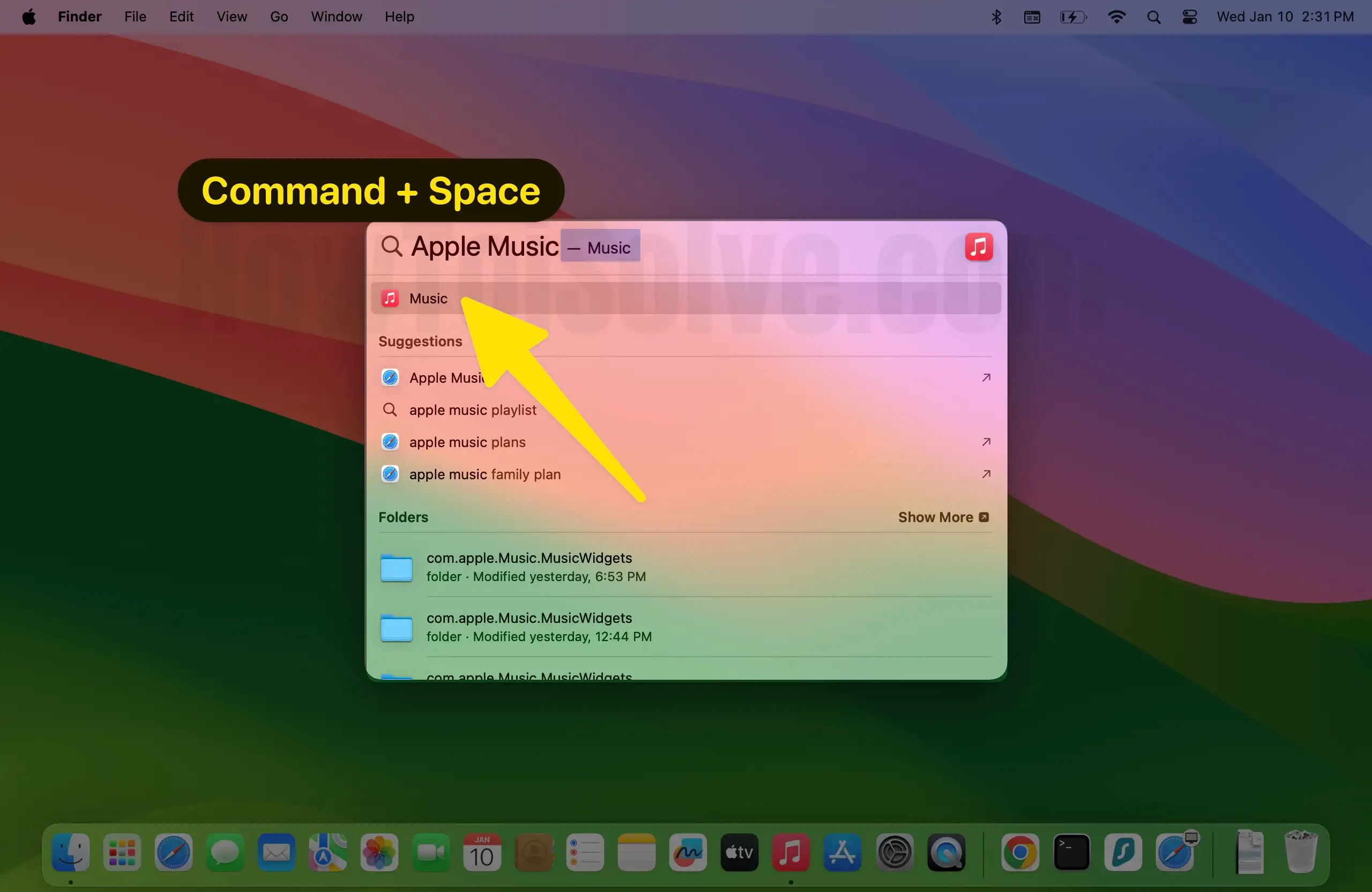 Command + space music app on mac