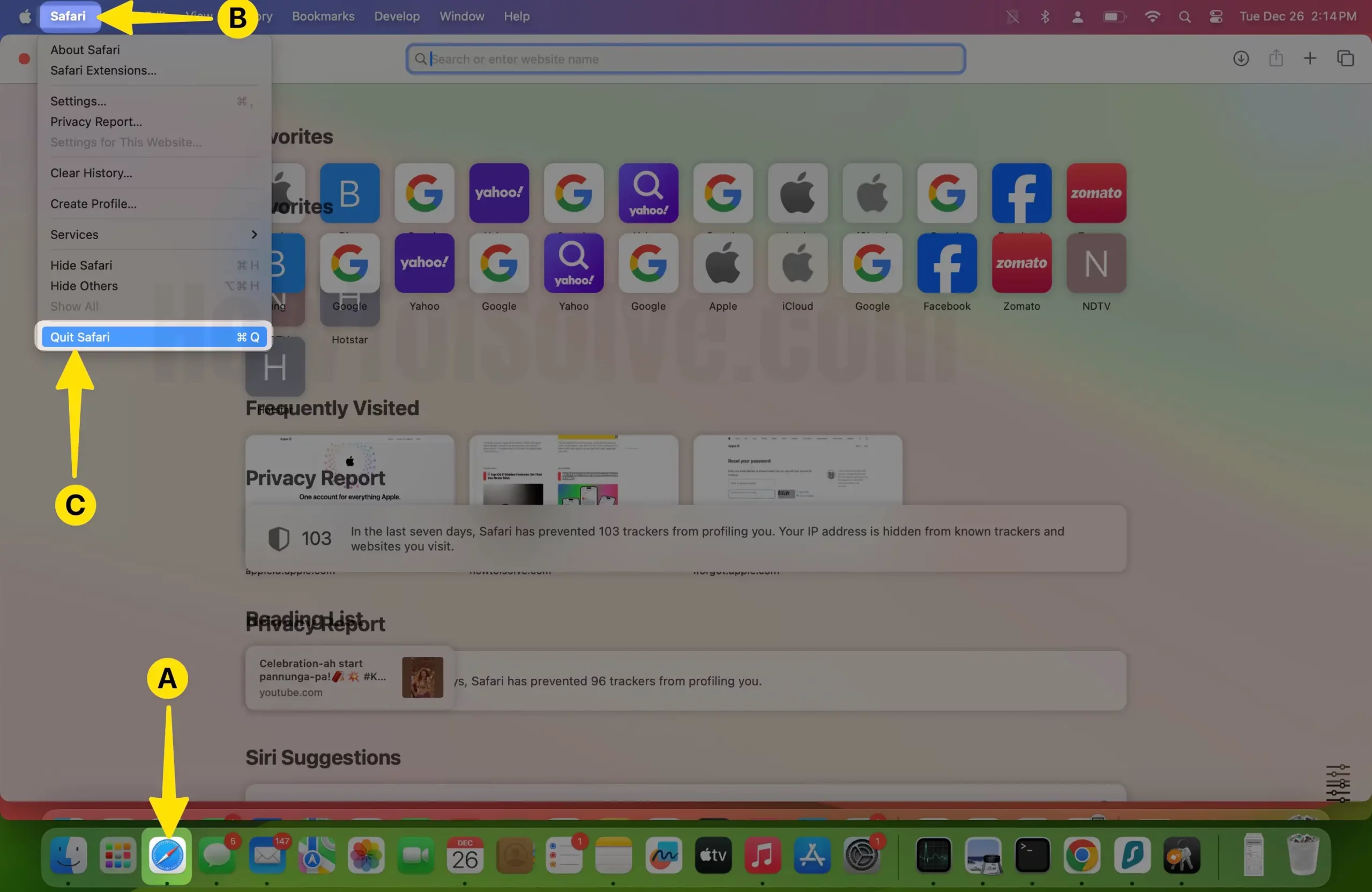 Open Safari Click on Safari rom the Mac Menu Select Quit Safari on Mac
