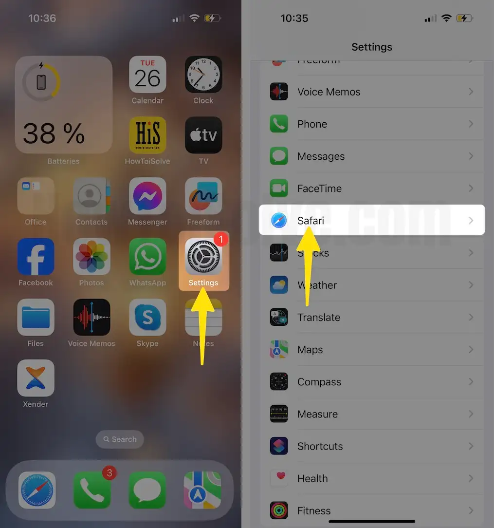 Open Settings Select Safari on iPhone
