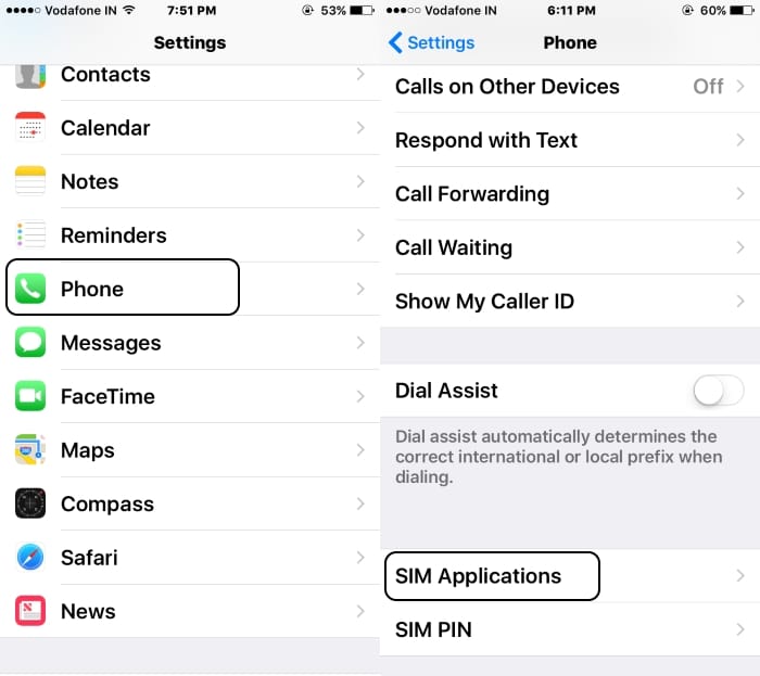 2 Sim application under iPhone settings