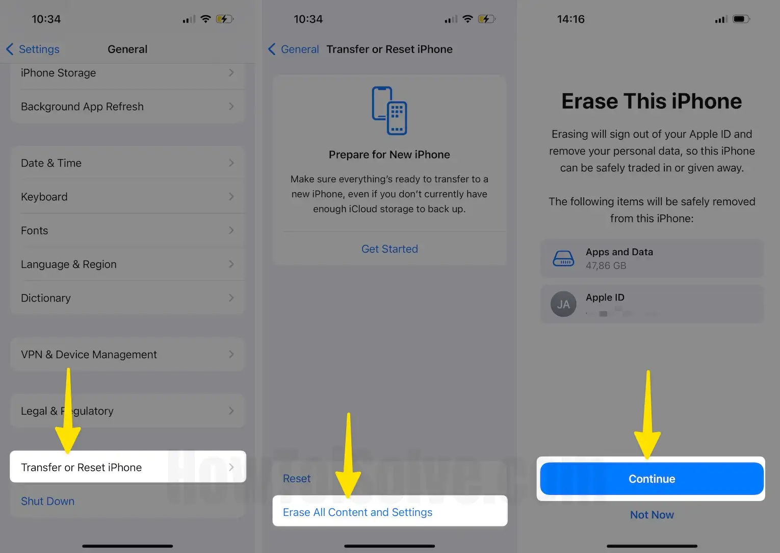 Select Transfer or Reset iPhone Click on Erase all Content and settings Tap to Continue on iPhone