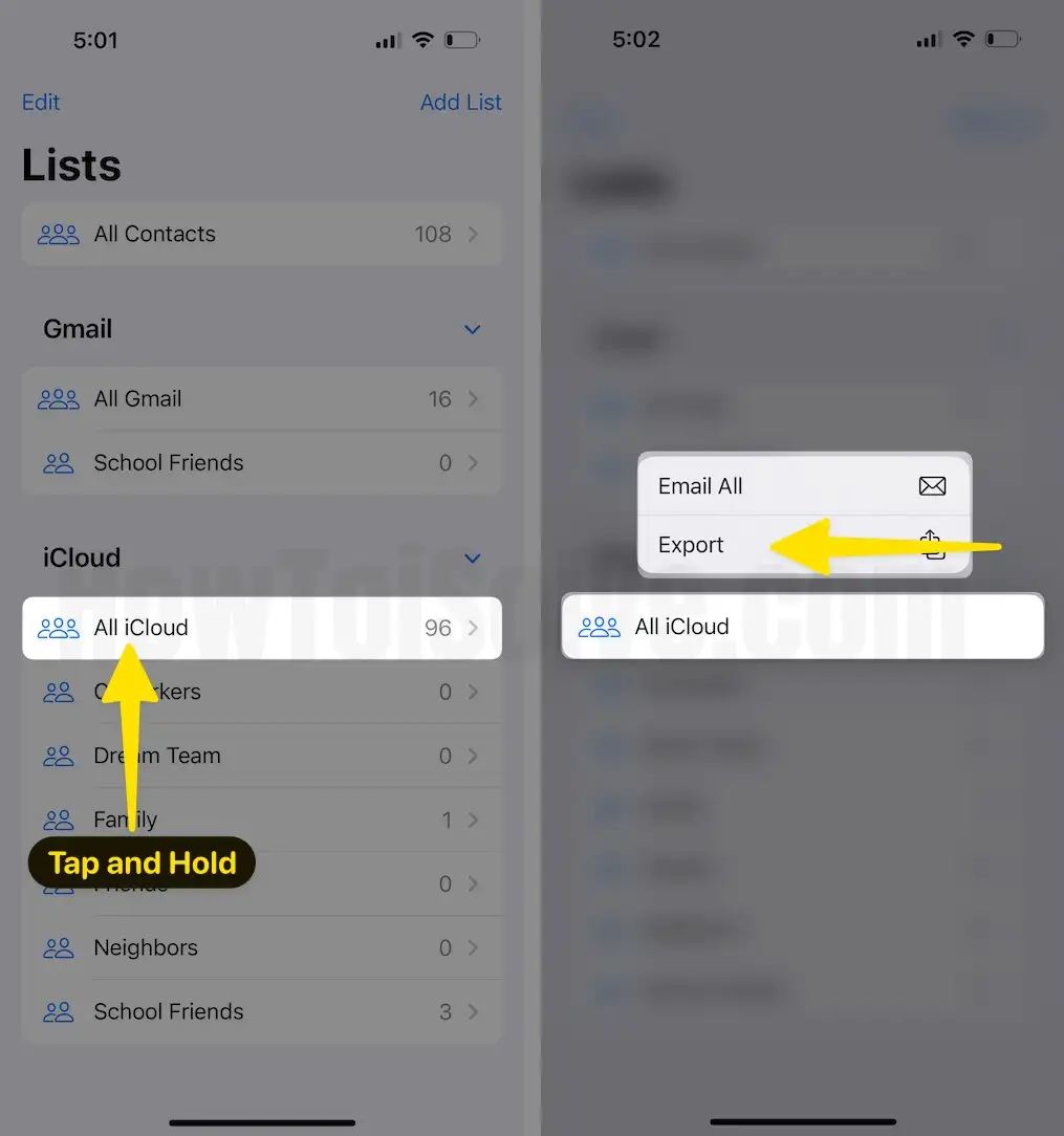 Tap and Hold on All iCloud Select Export on iPhone