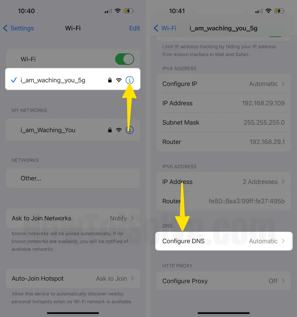 Tap on i next to the connected Wi-Fi Select Configure DNS on iPhone