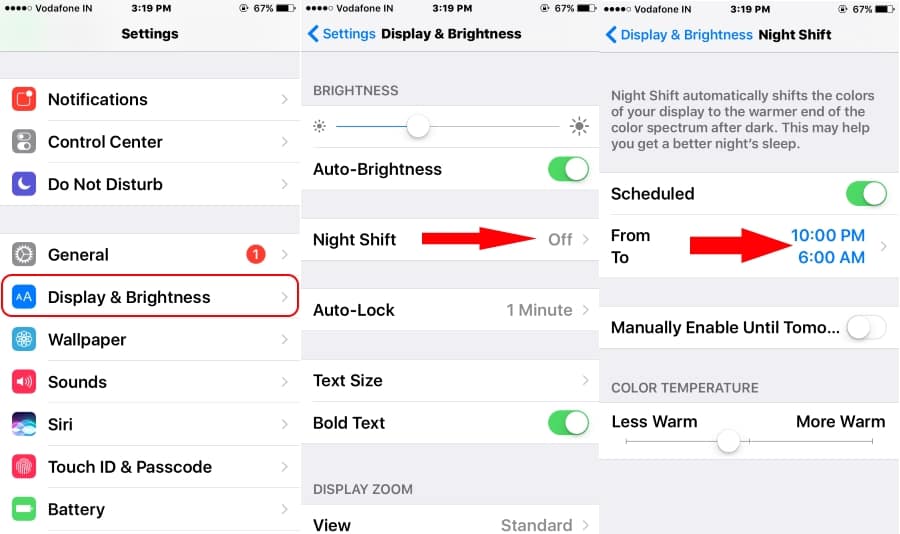 3 Night Shift settings on iOS 10 running on iPhone 7 iPhone 7 Plus