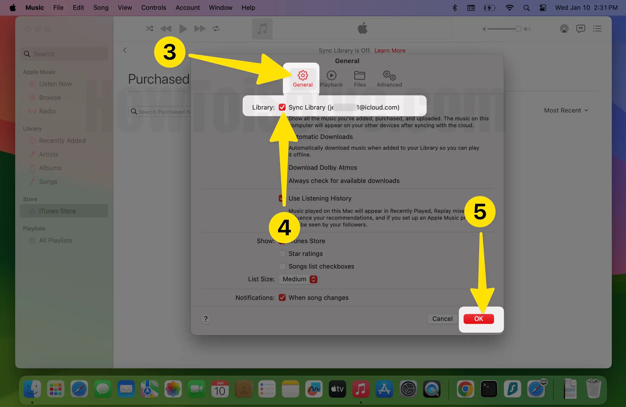 Click general tab check sync library select ok button on mac