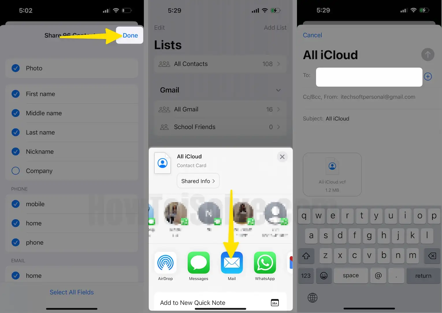 Tap on Done Share With Mail to Export Contacts on iPhone