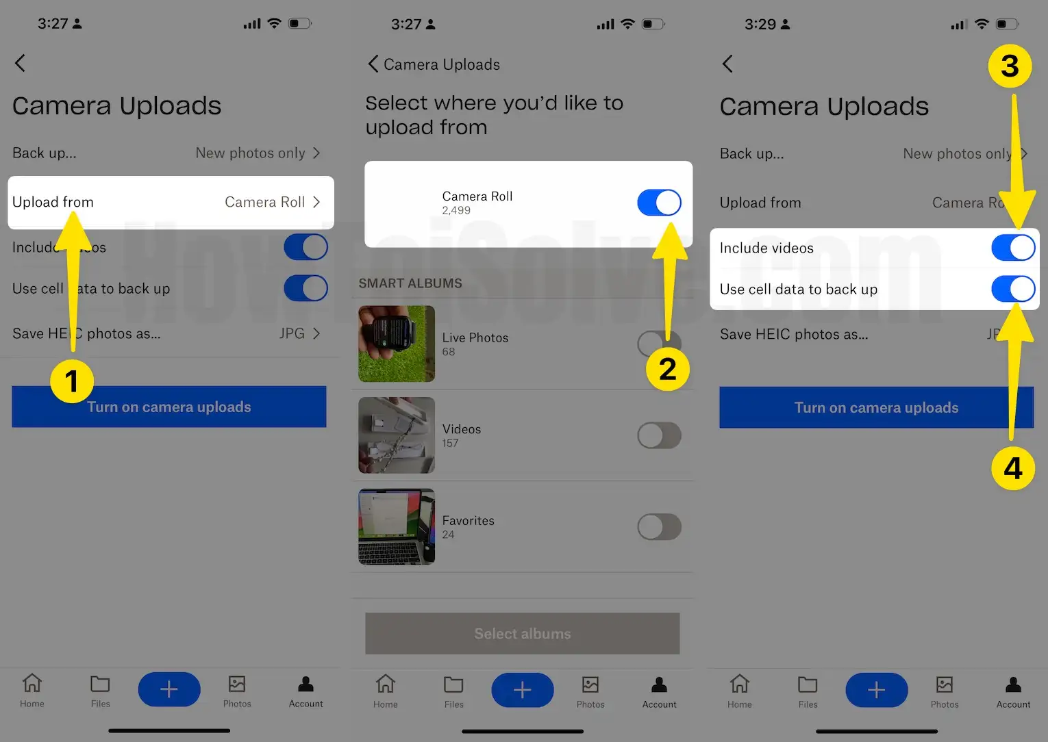 Click upload from turn on camera roll turn on include video , use cell data to back up on iPhone